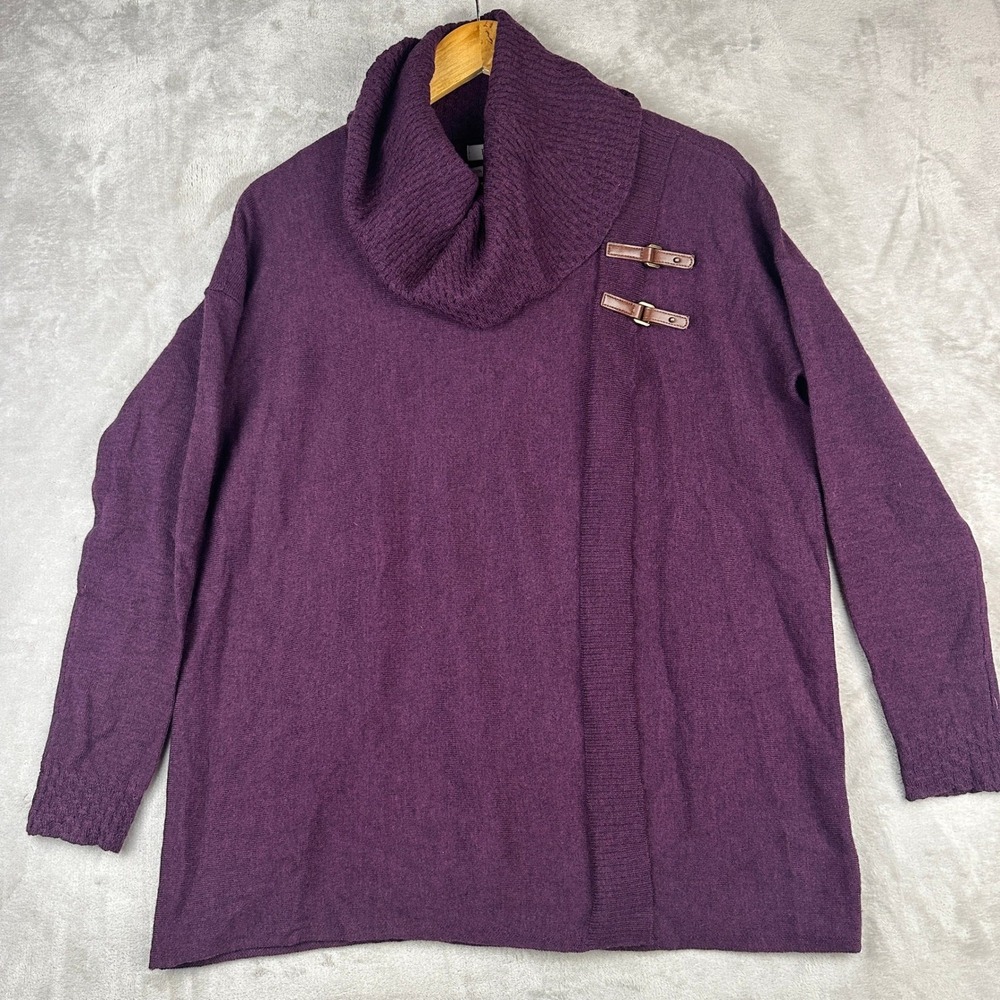 Ellen Tracy Merino Wool Cowl Neck Wrap Sweater Purple Buckle Detail‎ S